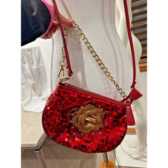 Sharif Red Purse Handbag Sequins Rose Top Chain Handle Cross Body Shoulder Strap - Picture 4 of 14
